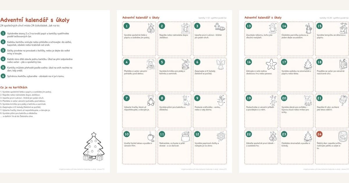 Náhled sady adventní kalendář s úkoly – 3 strany PDF zdarma
