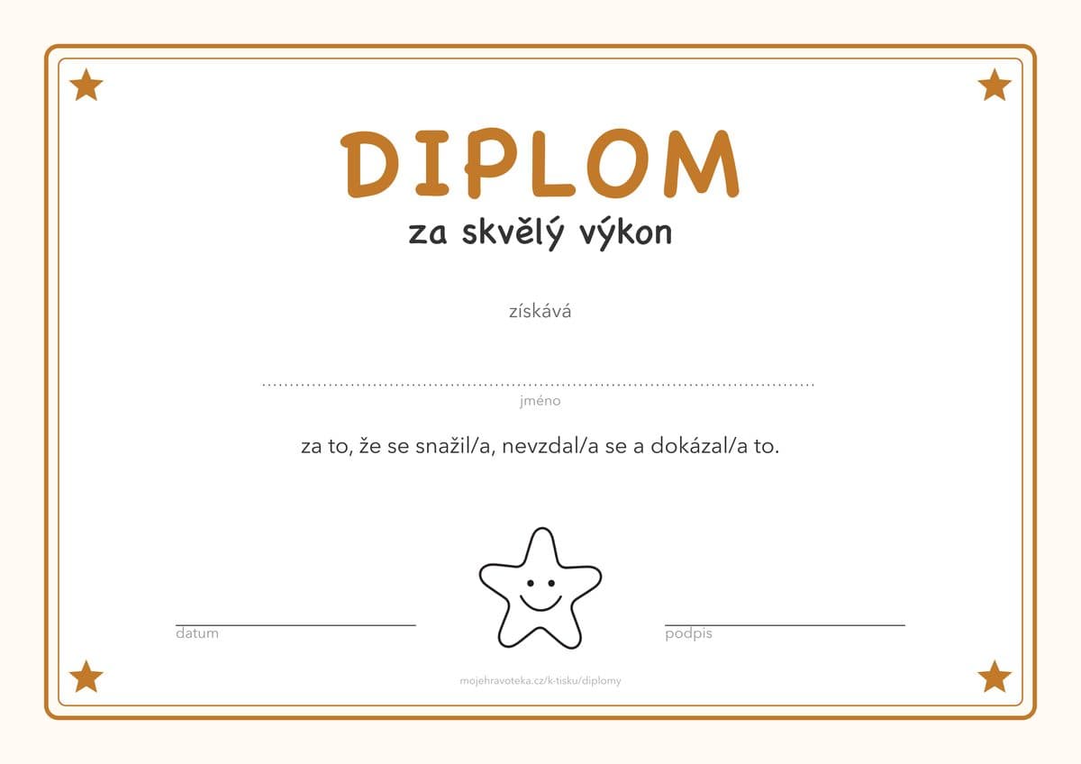 Diplom pro děti za skvělý výkon k vytisknutí, oranžový rámeček s hvězdičkou