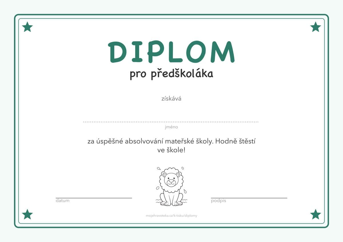 Diplom pro předškoláka za absolvování mateřské školy, zelený s lvíčkem