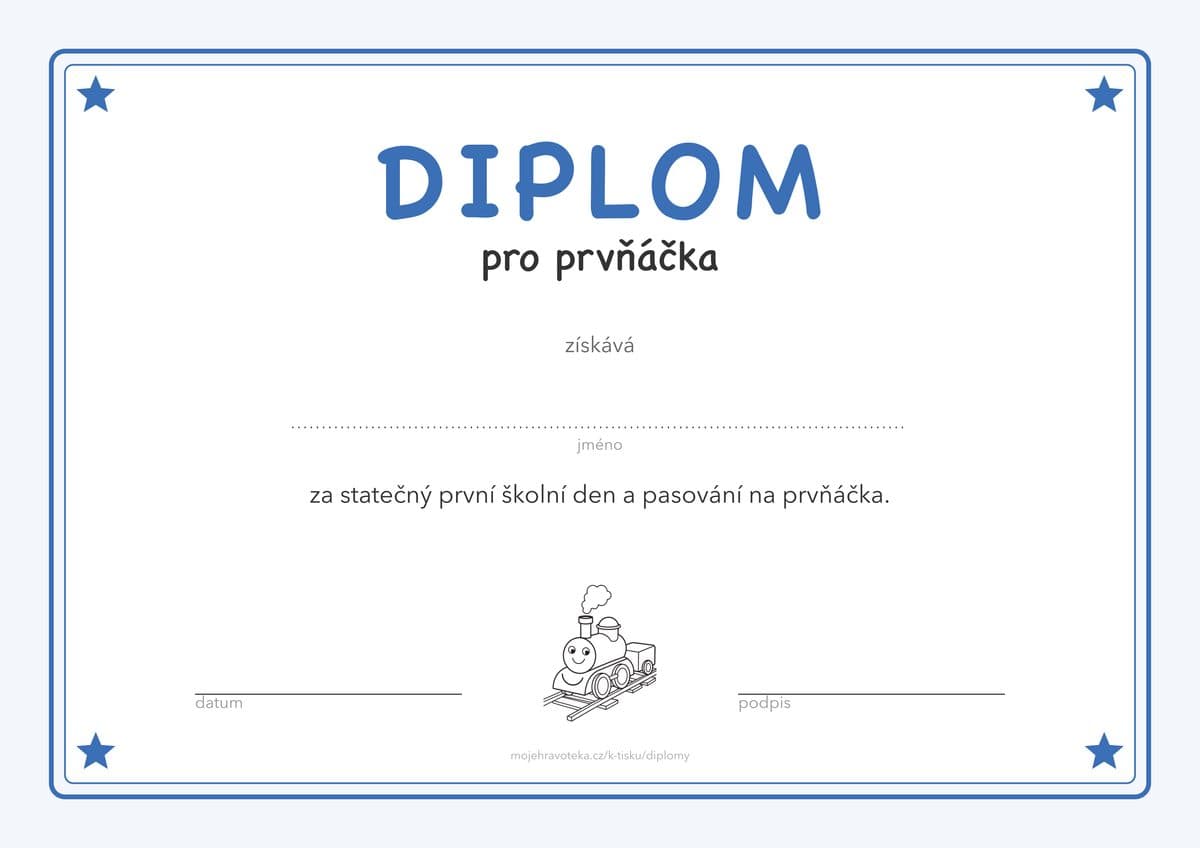 Diplom pro prvňáčka za první školní den, modrý s mašinkou