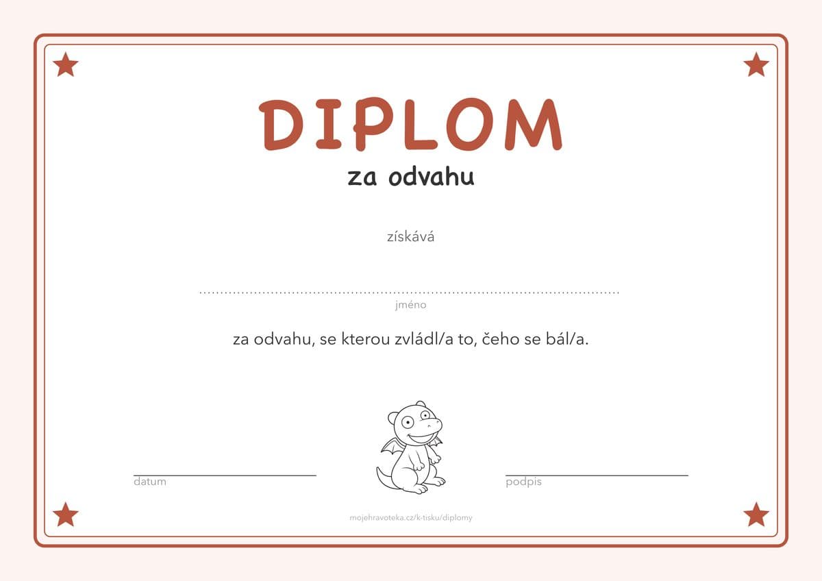 Diplom za odvahu pro děti, červený s dráčkem