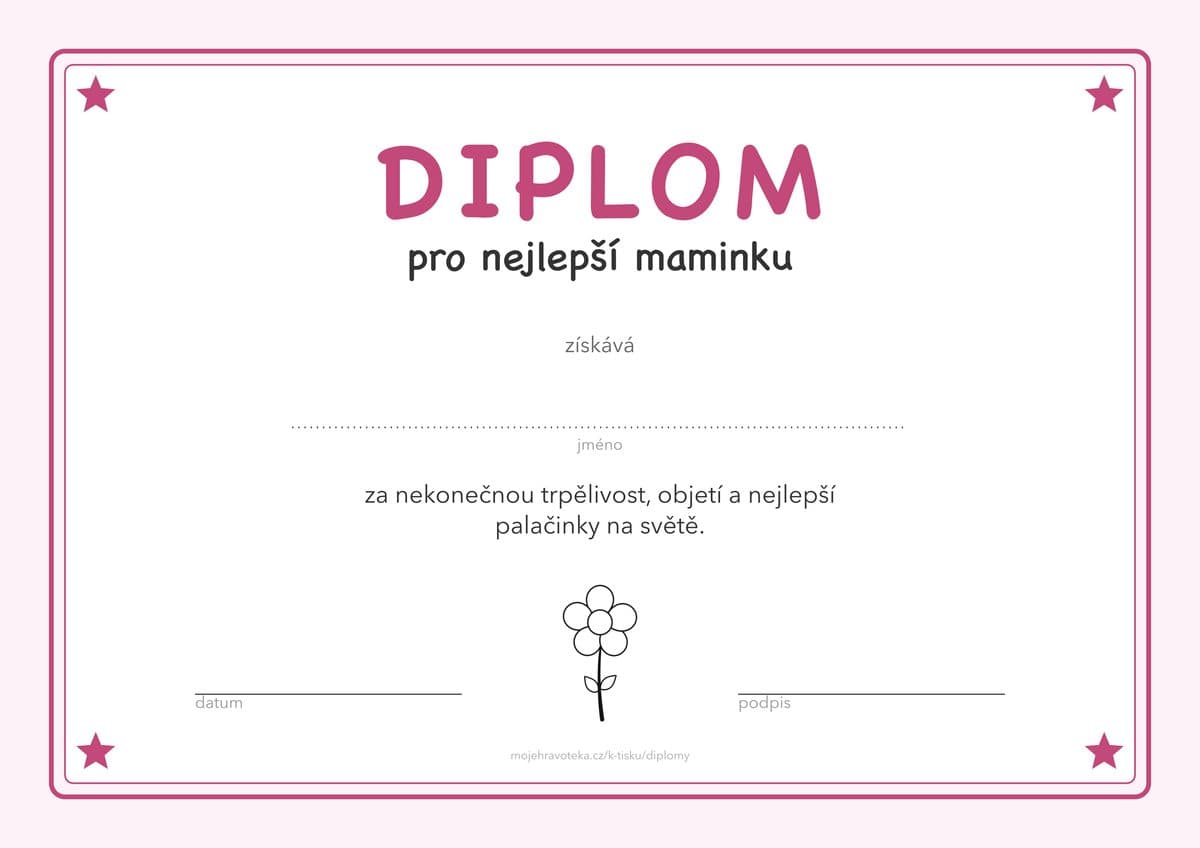 Diplom pro nejlepší maminku, růžový s kytičkou