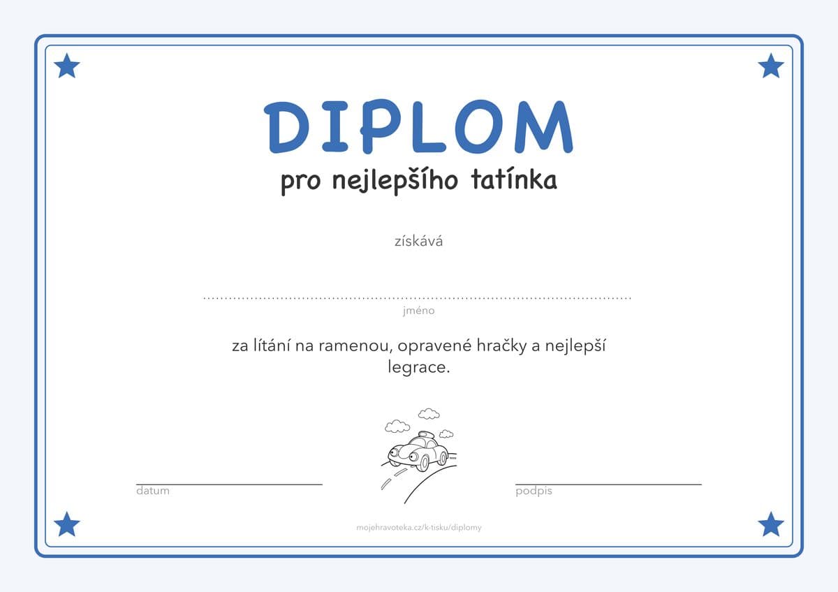 Diplom pro nejlepšího tatínka, modrý s autíčkem