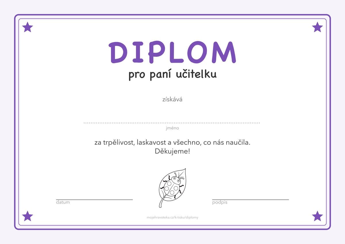 Diplom pro paní učitelku na konec školního roku, fialový s beruškou