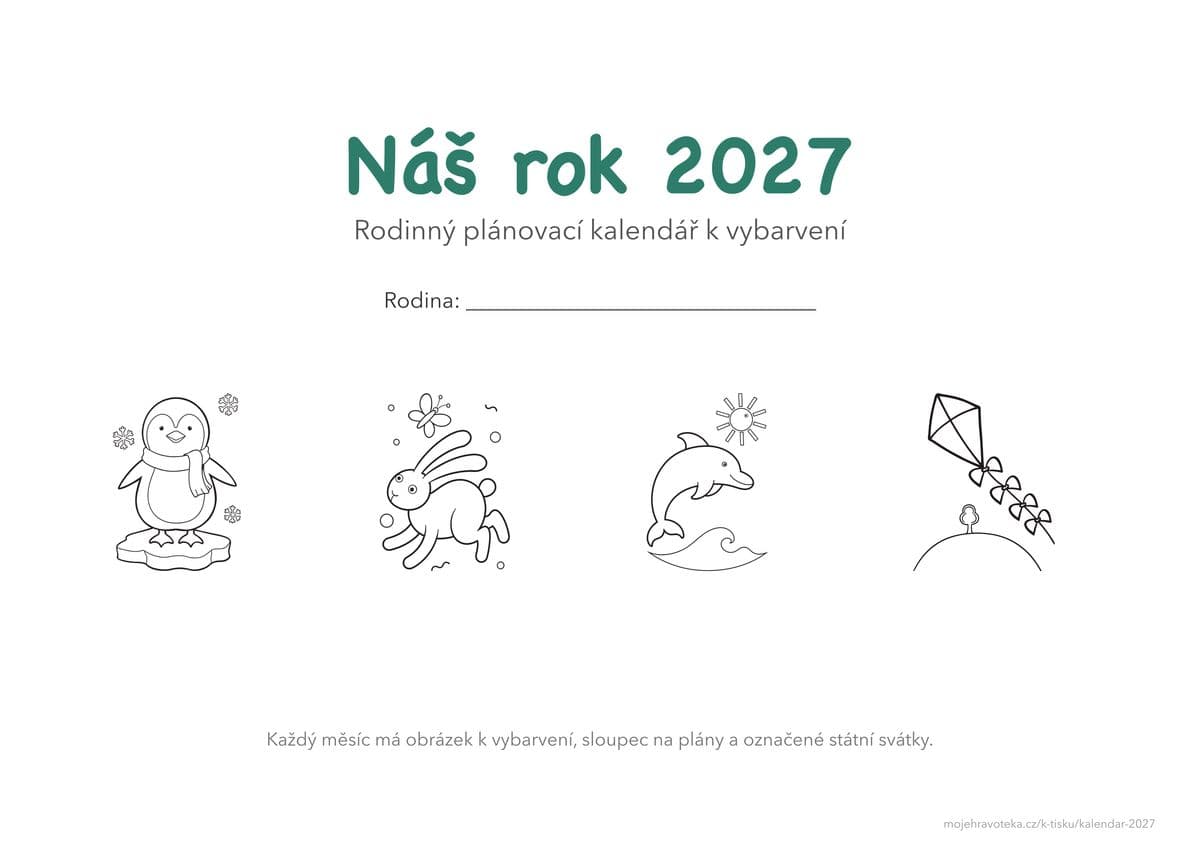 Titulní strana kalendáře 2027: Náš rok 2027, rodinný plánovací kalendář k vybarvení