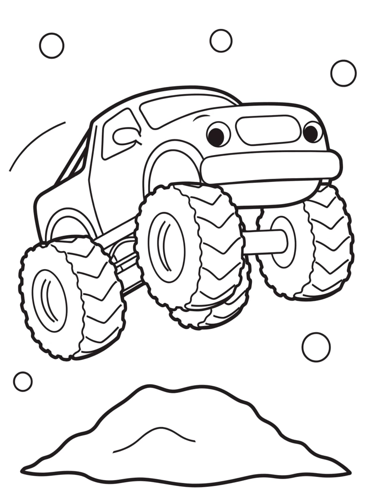 Omalovánka: monster truck s obrovskými koly skáče přes kopeček hlíny