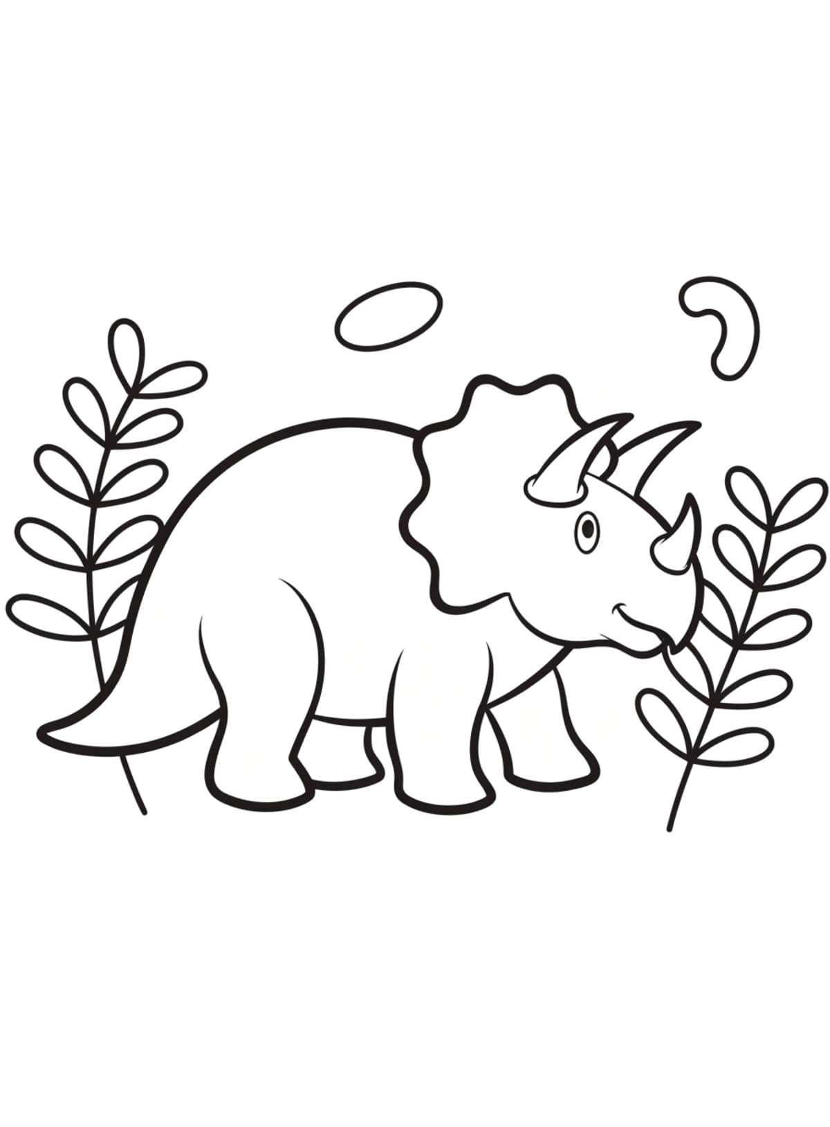 Omalovánka: triceratops se třemi rohy kráčí mezi kapradím