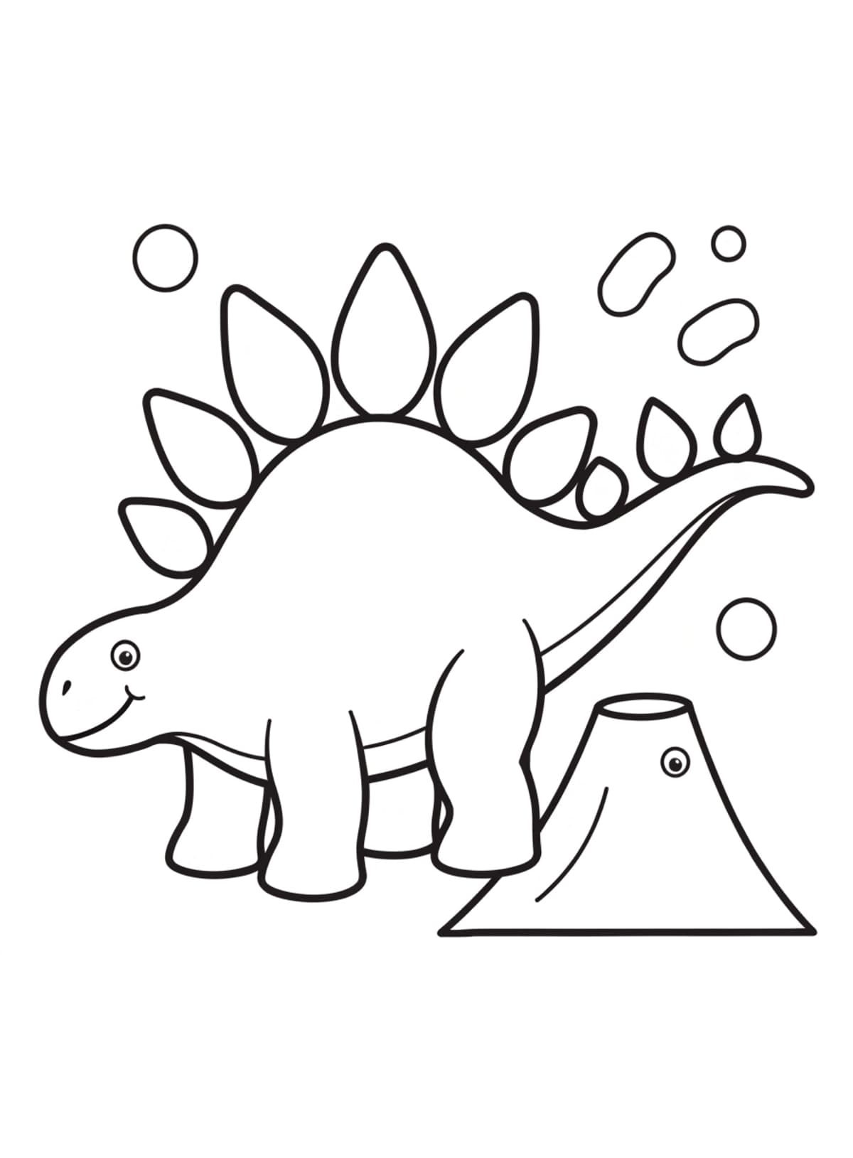 Omalovánka: stegosaurus s deskami na hřbetě stojí u malé sopky