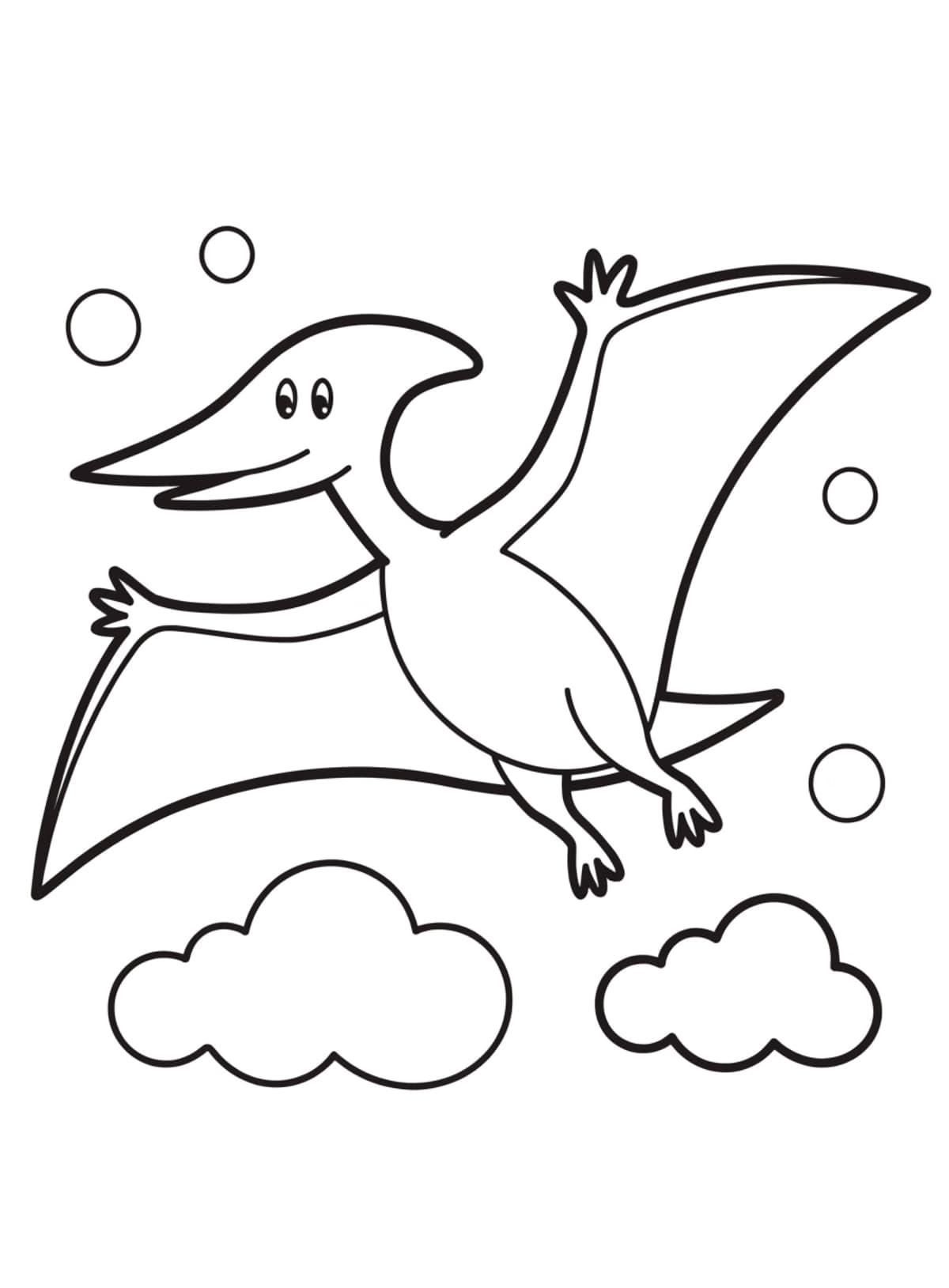 Omalovánka: pterodaktyl s roztaženými křídly letí nad obláčky