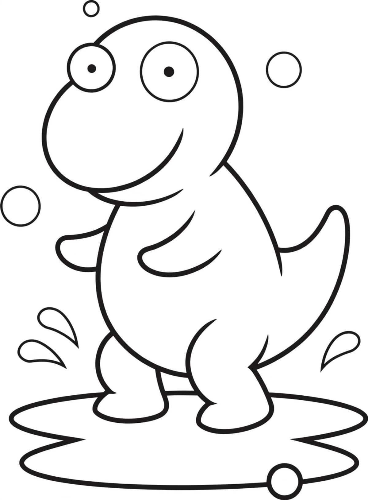 Omalovánka: kulatý dinosaurus vesele cáká v louži