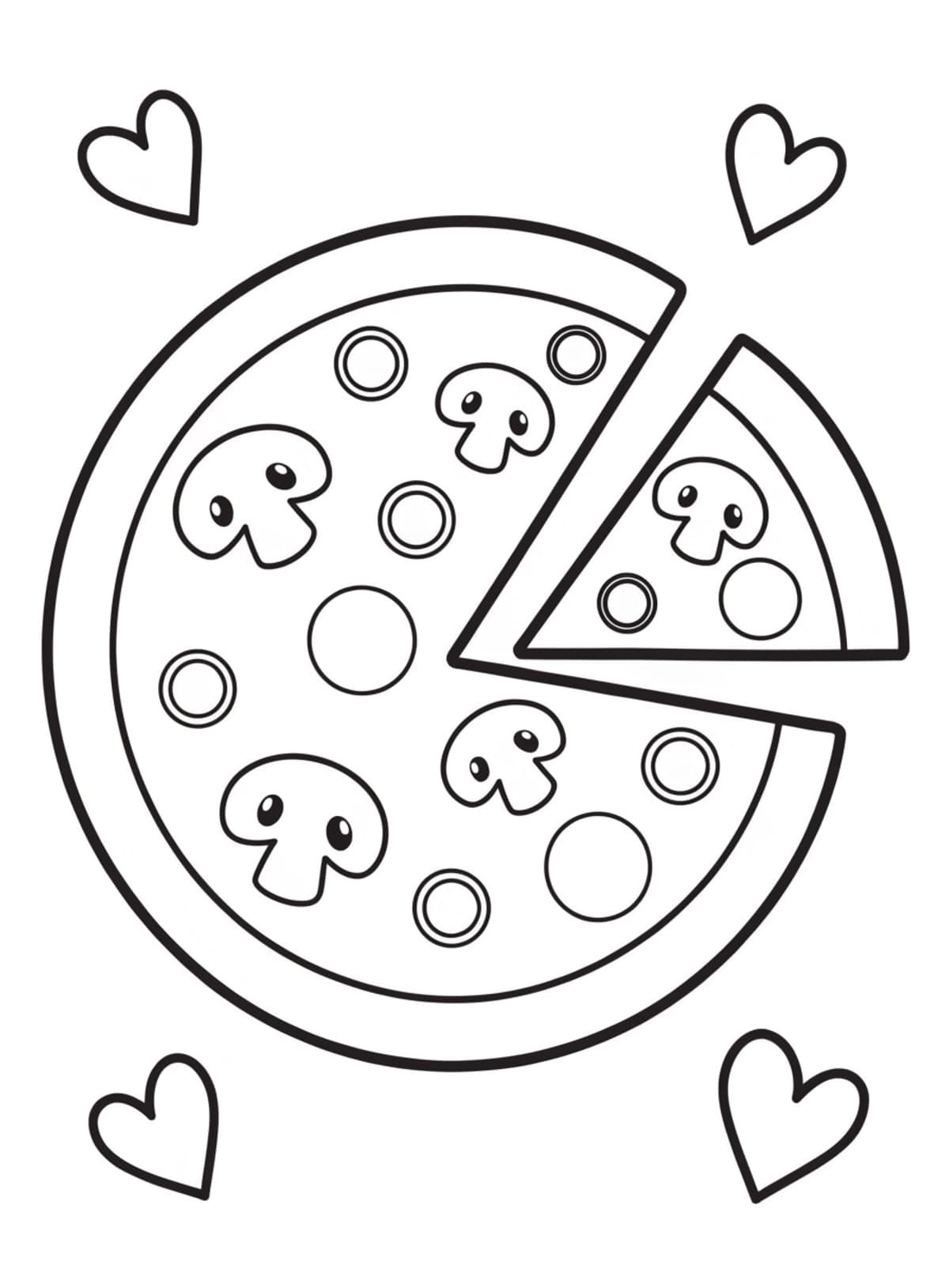 Omalovánka pizza: celá pizza s houbami a olivami, jeden kousek vykrojený
