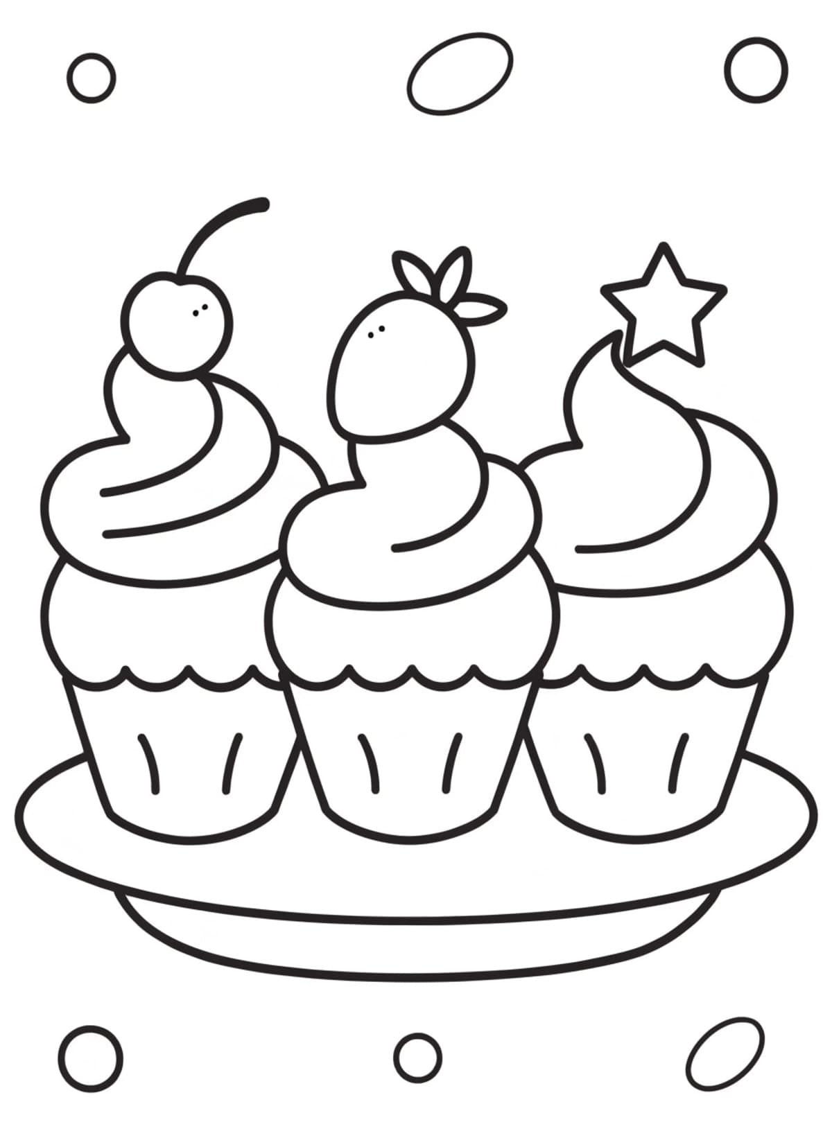 Omalovánka cupcaky: tři dortíky na tácku s třešní, jahodou a hvězdičkou