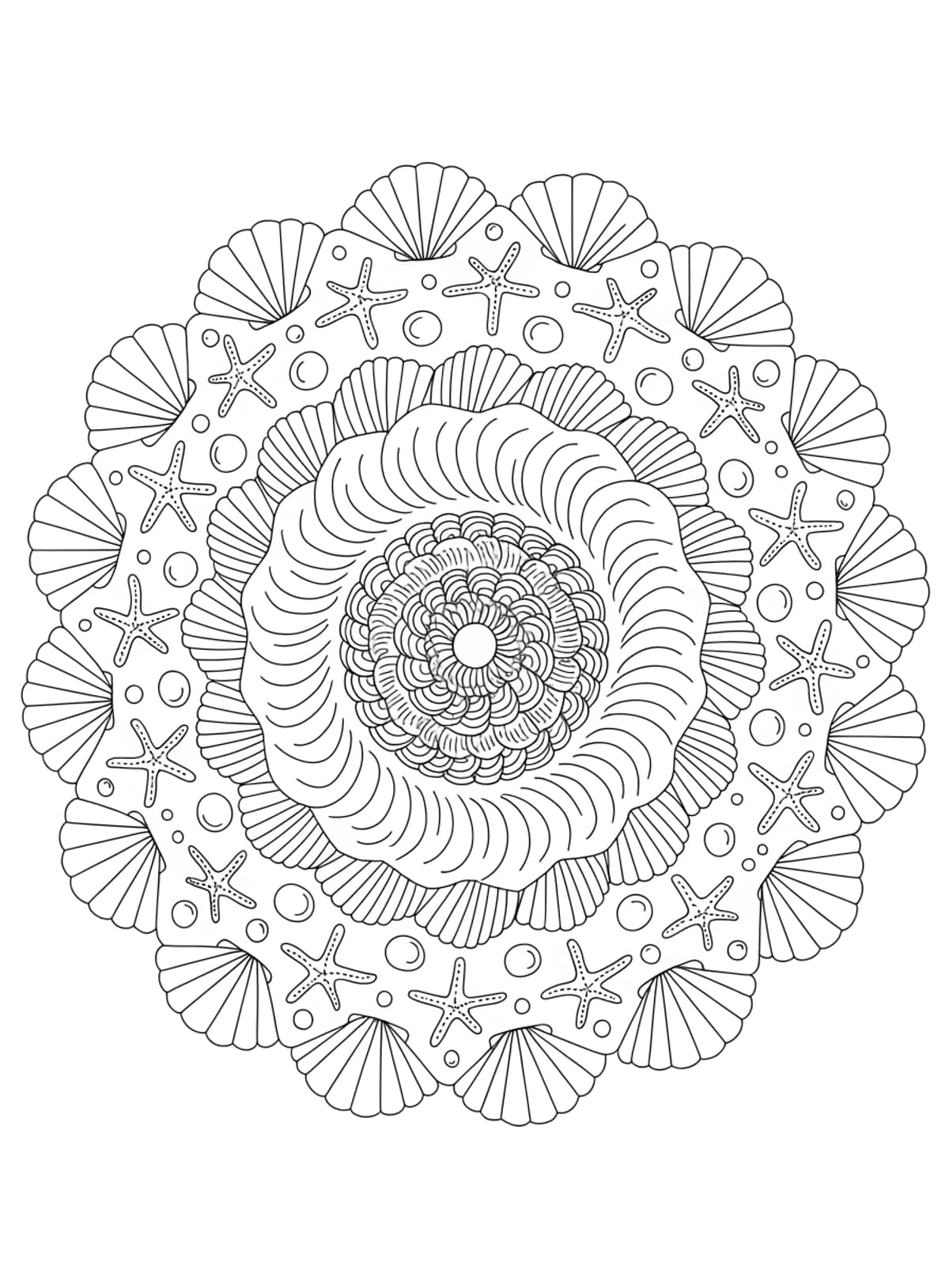 Mandala: mořské vlny, mušle, hřebenatky a hvězdice