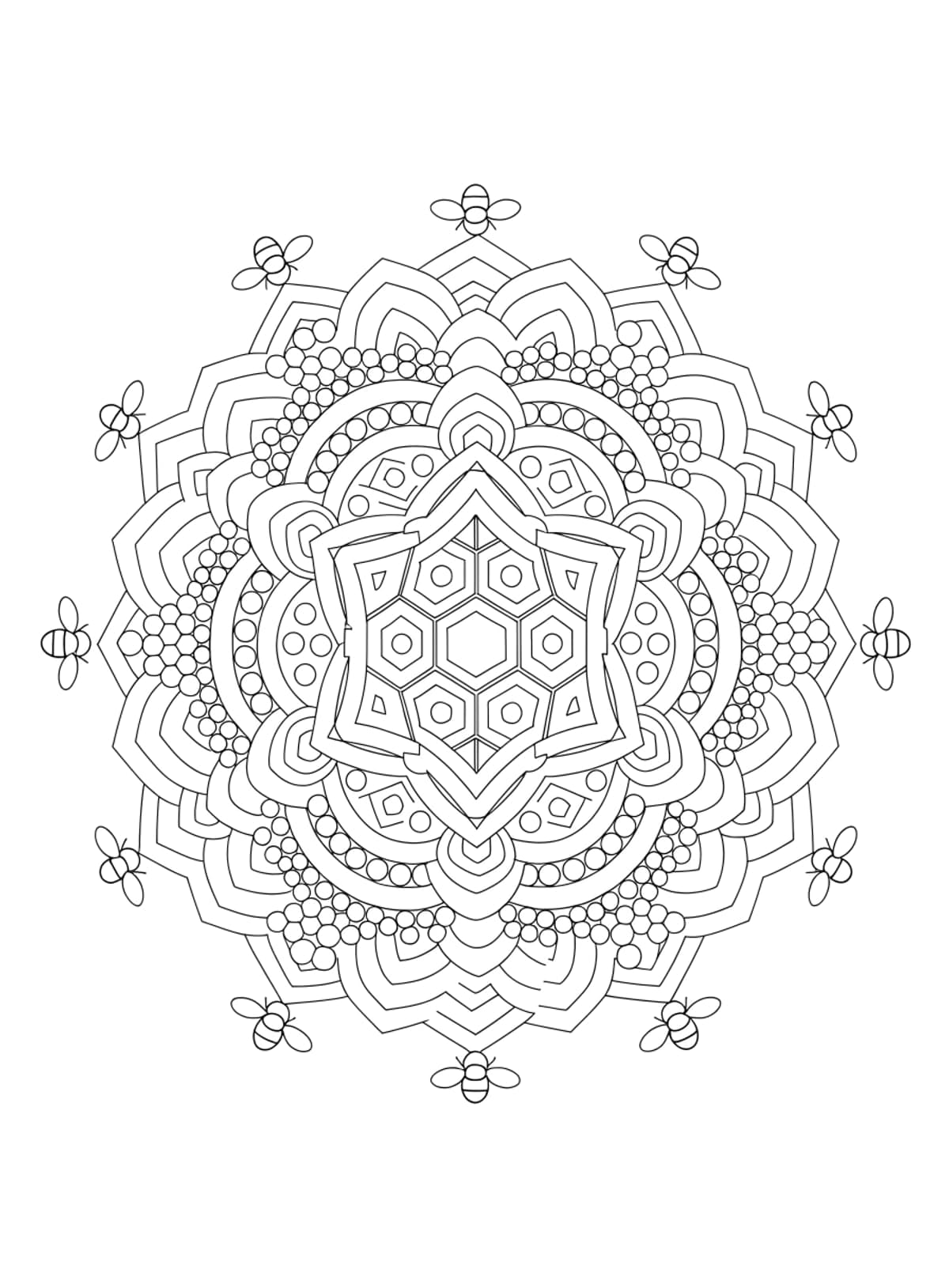 Mandala: šestiúhelníková včelí plástev s včelkami po obvodu
