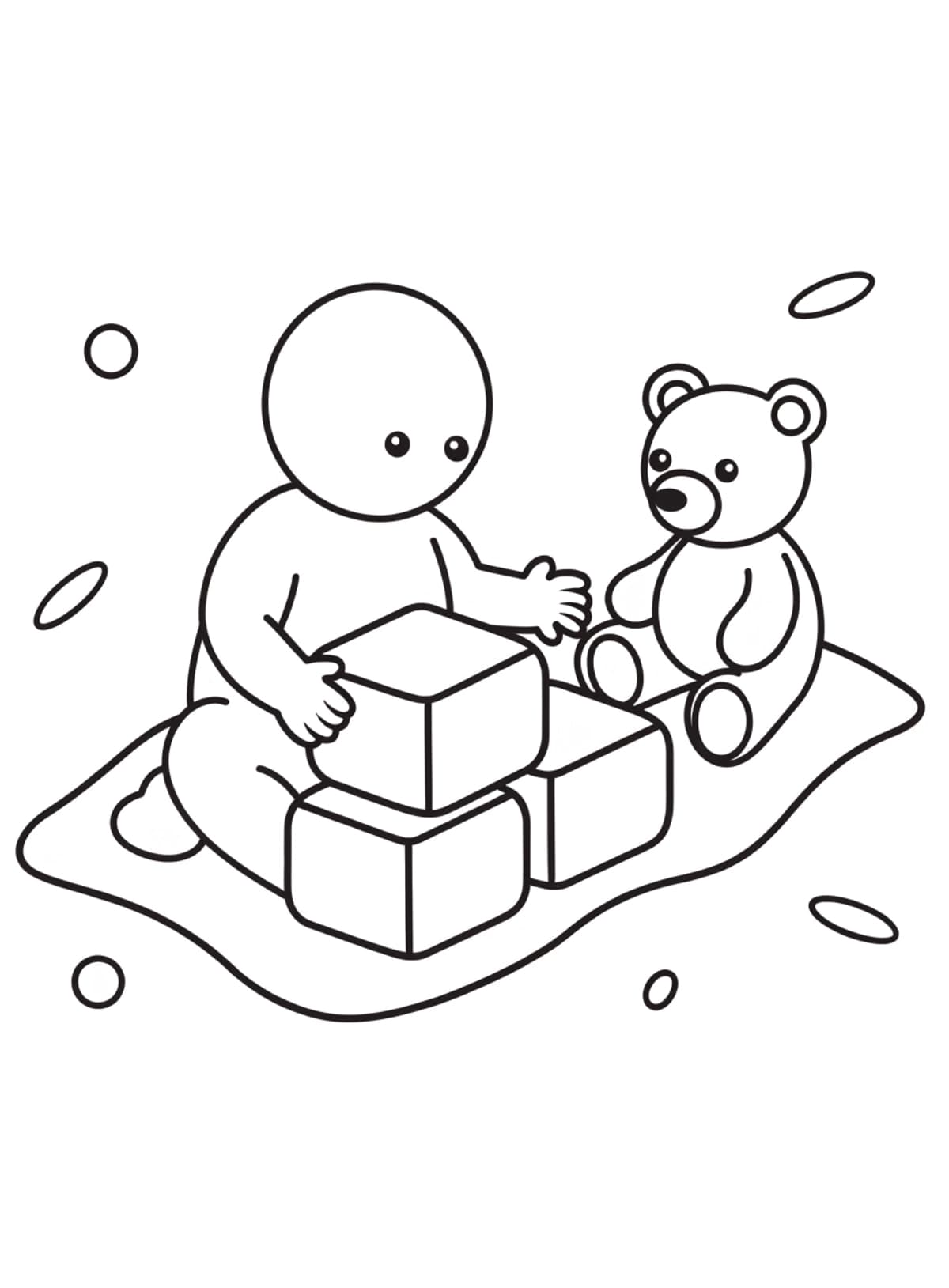Omalovánka miminko sedí na dece s kostkami a medvídkem