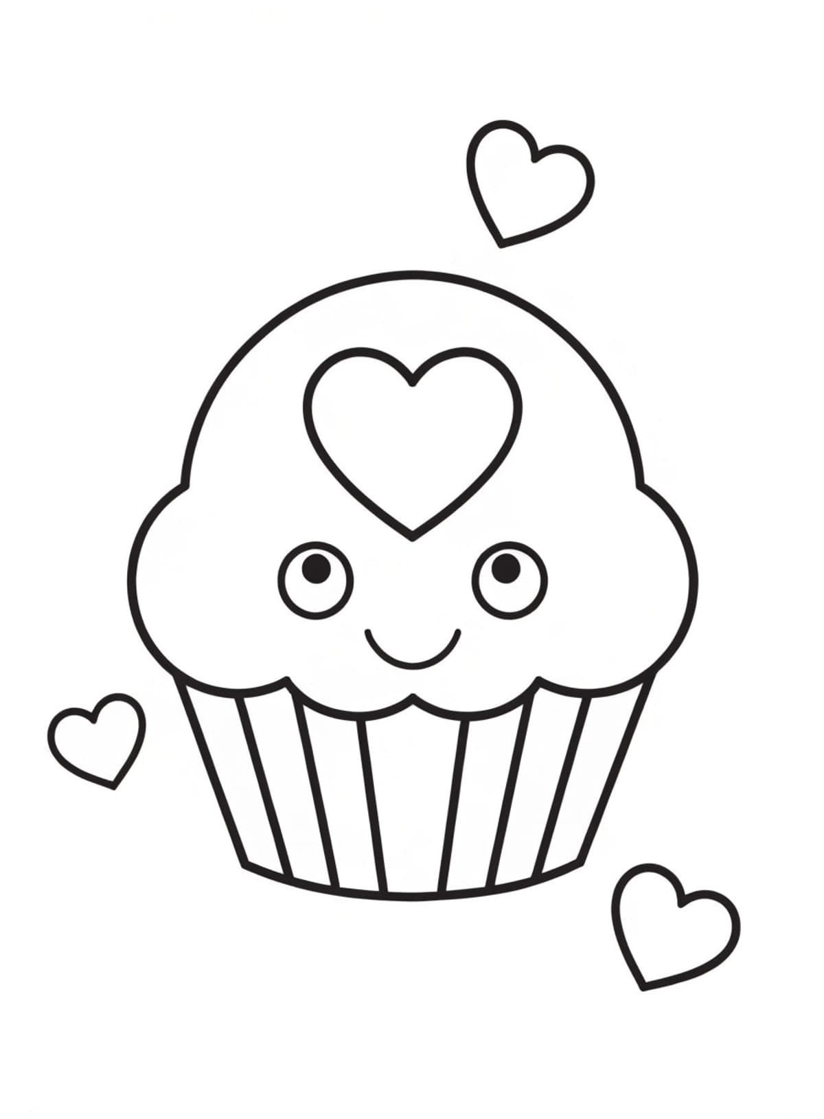 Omalovánka srdíčka: cupcake s velkým srdcem a usměvavým obličejem