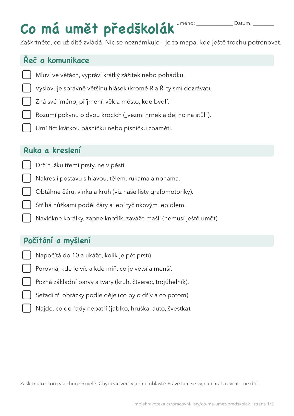 Checklist Co má umět předškolák, strana 1: řeč a komunikace, ruka a kreslení, počítání a myšlení