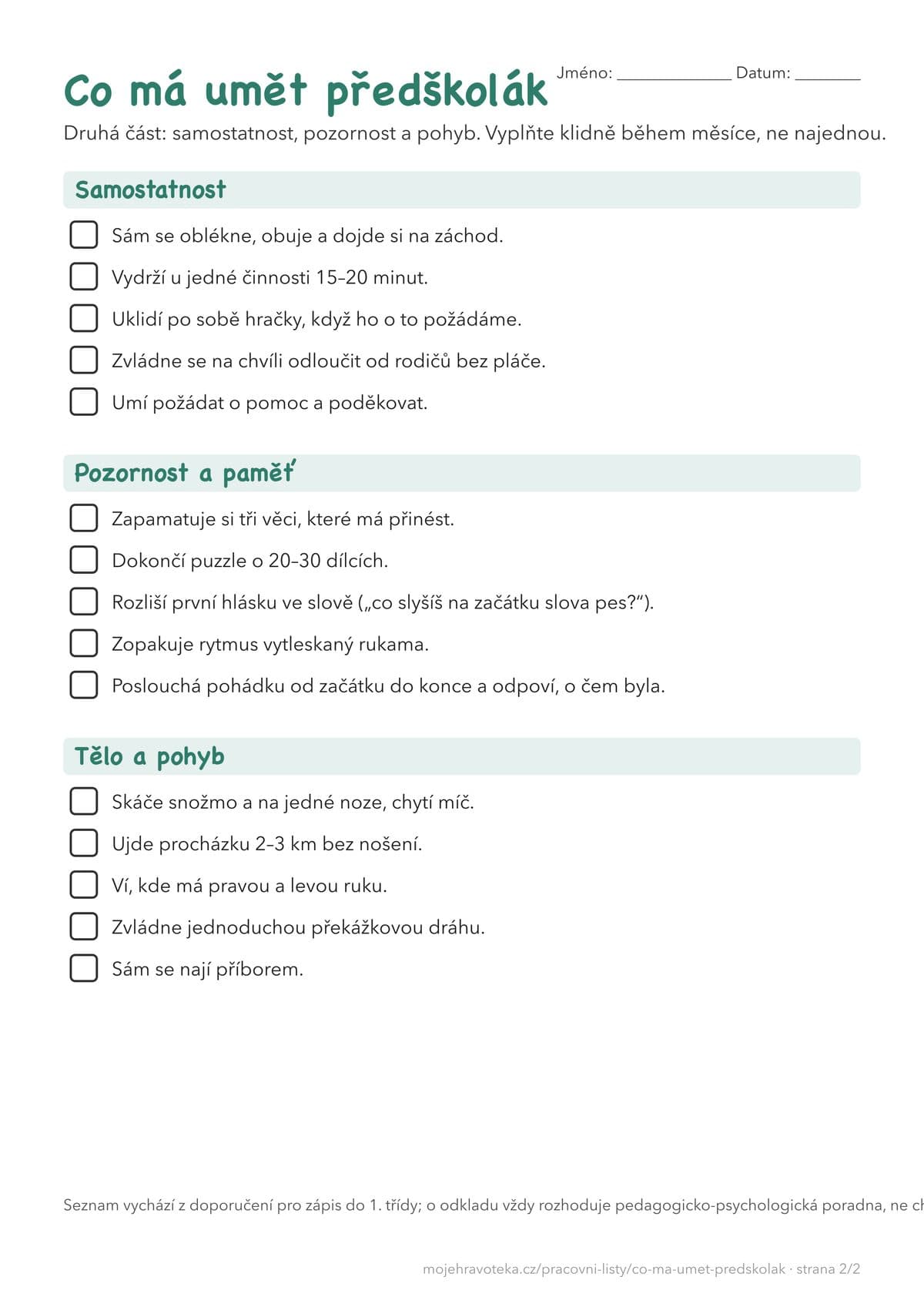Checklist Co má umět předškolák, strana 2: samostatnost, pozornost a paměť, tělo a pohyb