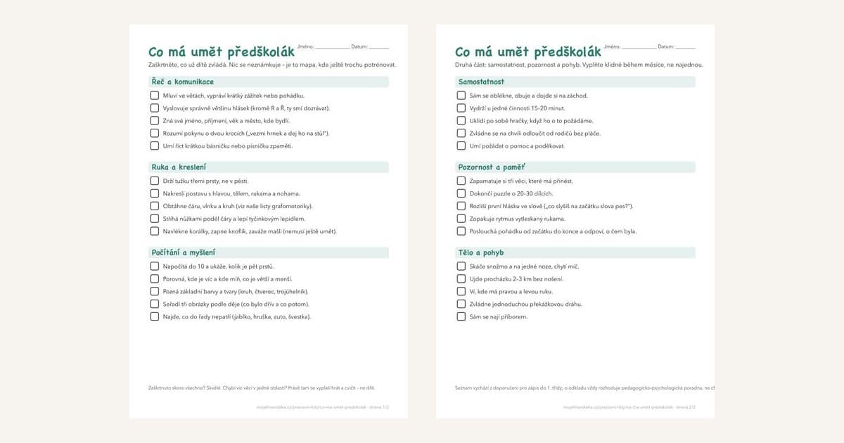 Náhled sady co má umět předškolák – 2 strany PDF zdarma