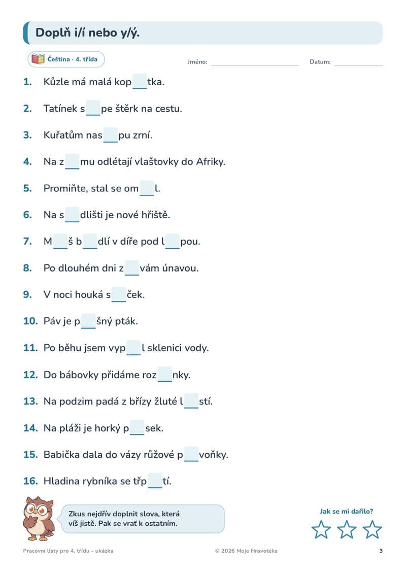 Pracovní list z češtiny: doplň i/í nebo y/ý do šestnácti vět, dole sova s radou a tři hvězdičky Jak se mi dařilo?