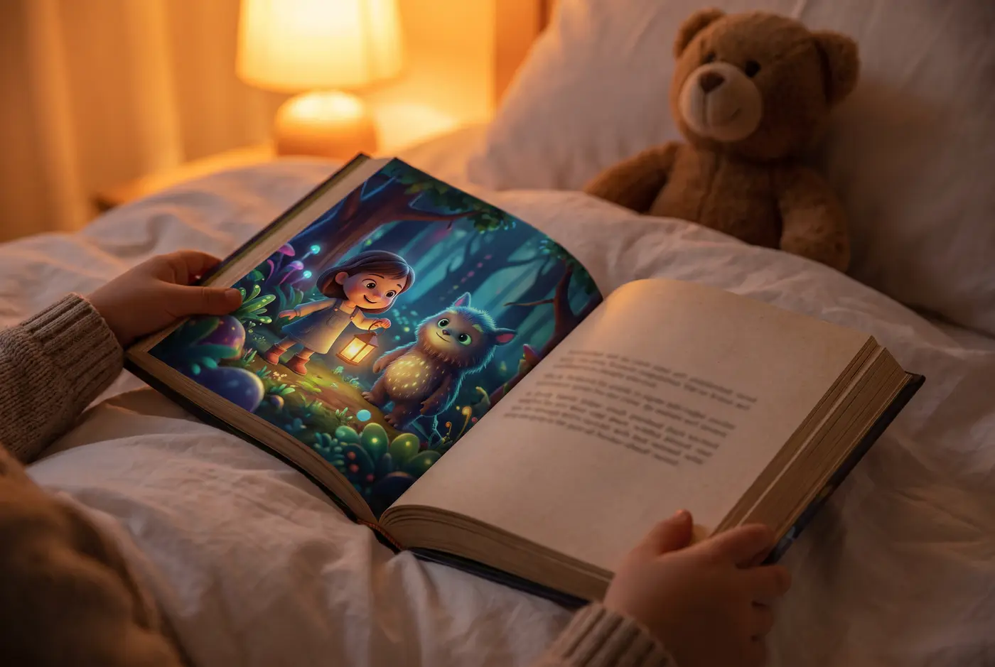 Otevřená pohádková knížka s celostránkovou ilustrací na posteli u rozsvícené lampičky